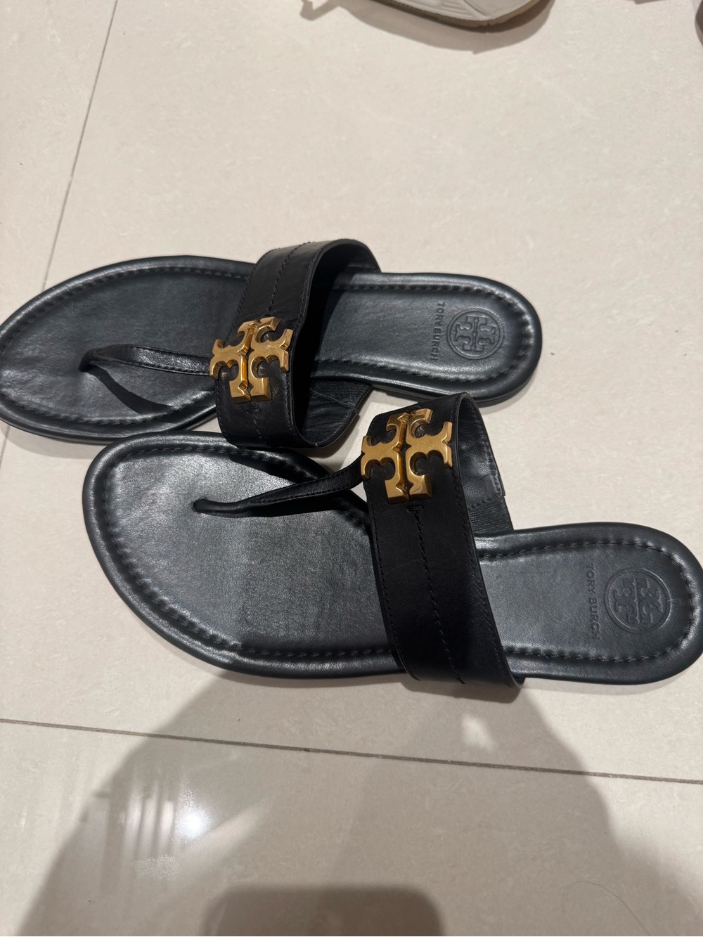 Tory Burch Black Leather Thong Sandals with Gold Logo